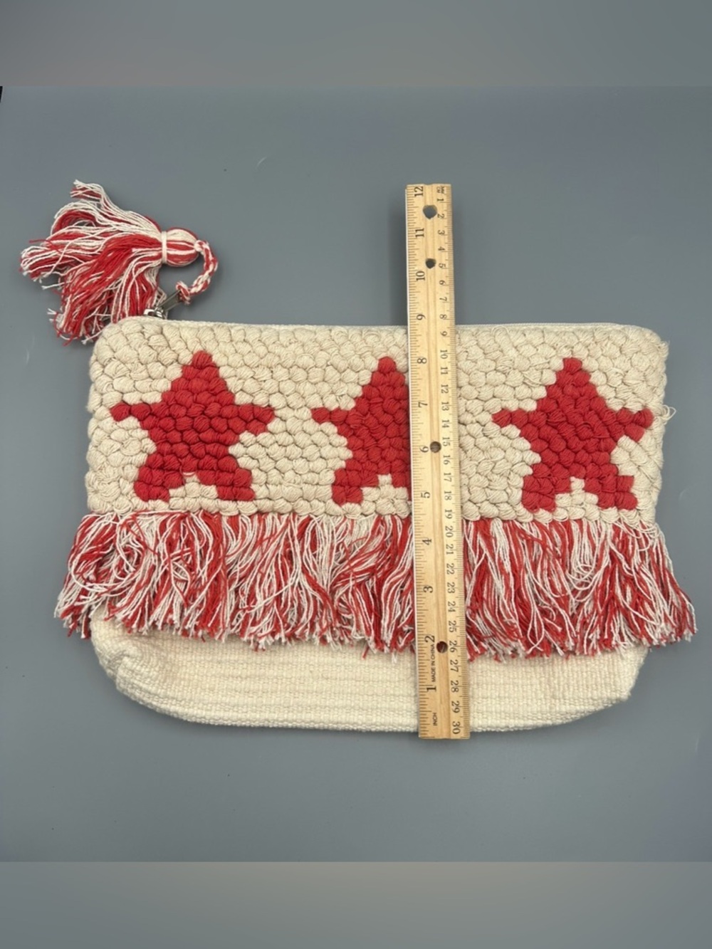 Shiraleah Red Stars Clutch Woven Bag Tassel Detail Cotton Summer Travel Pouch - Picture 12 of 12